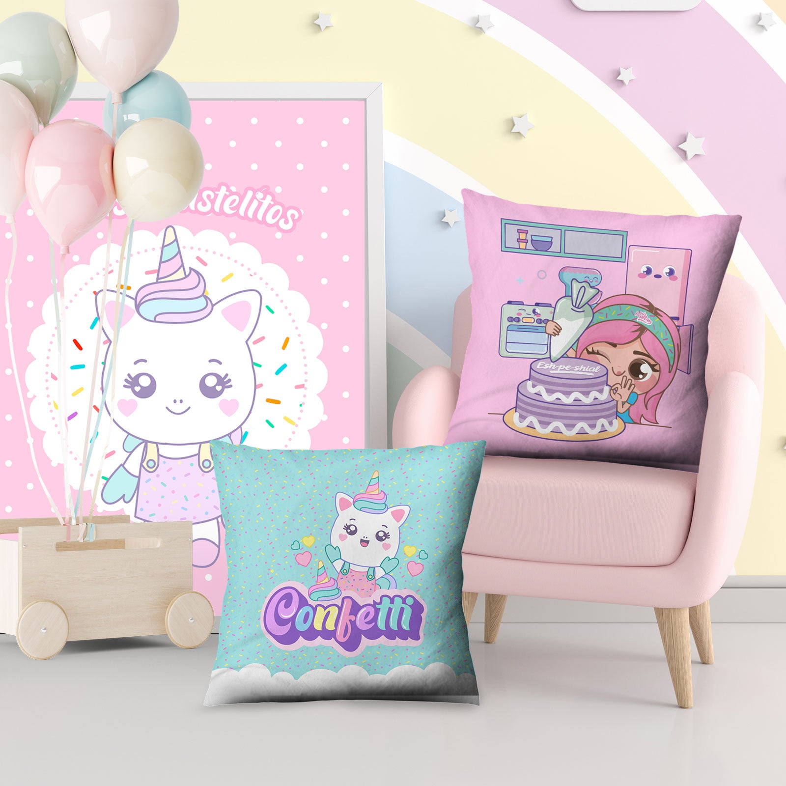 Cojín Mis pastelitos y Confetti cuadrado