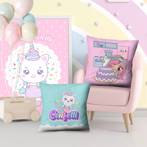 Cojín Mis pastelitos y Confetti cuadrado